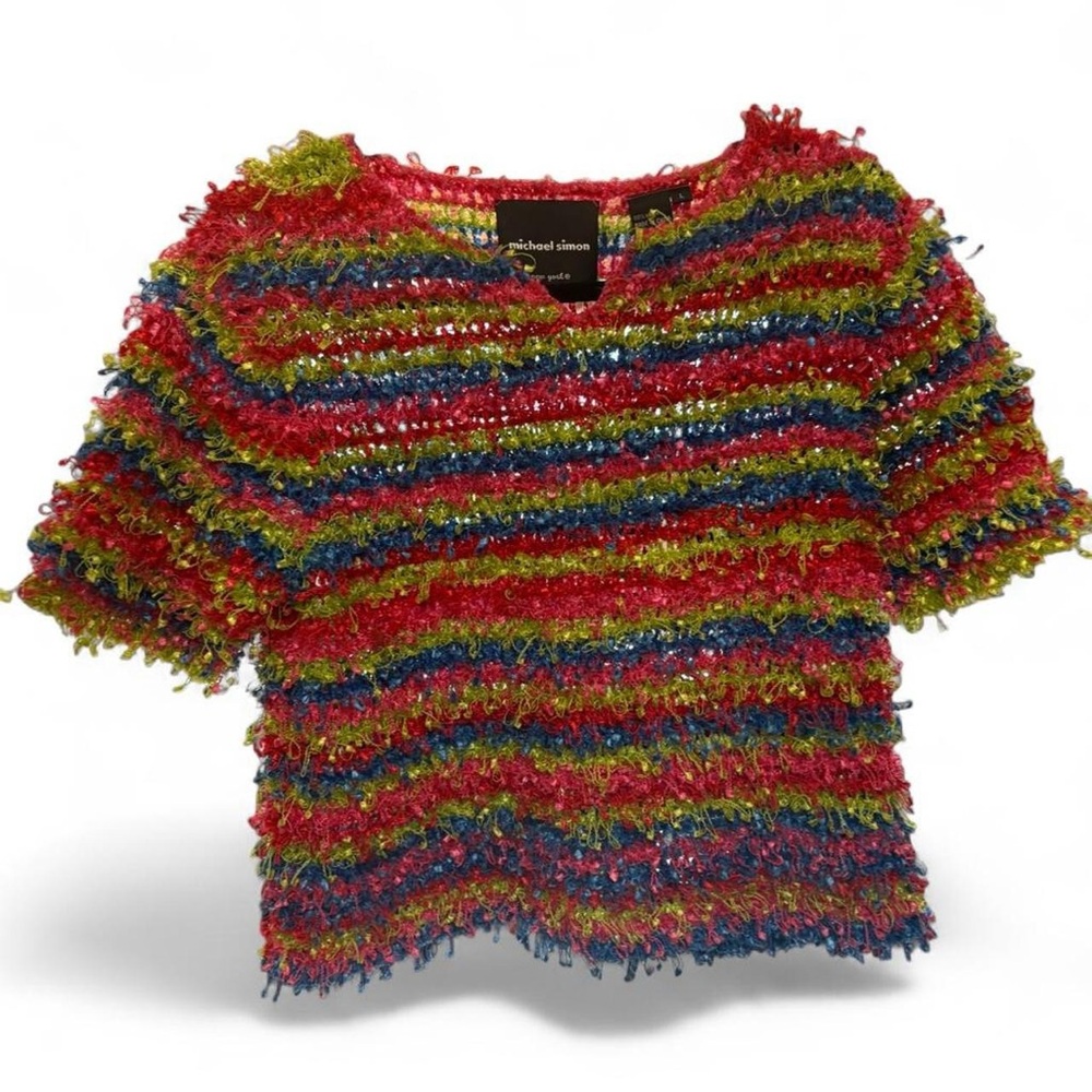 Rare Vintage Michael Simon Confetti Knit short sleeve Top | Size L rainbow knit - Picture 8 of 12